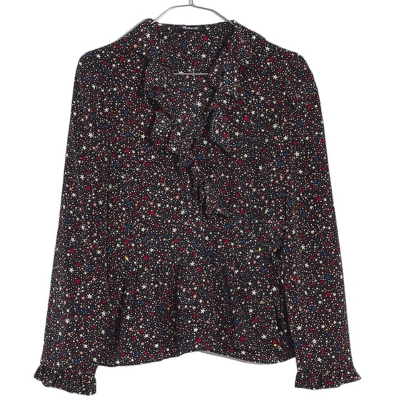 Madewell 100% Silk Starry Night Ruffle Hem Long Sleeve Wrap Holiday Blouse Top - Picture 3 of 14